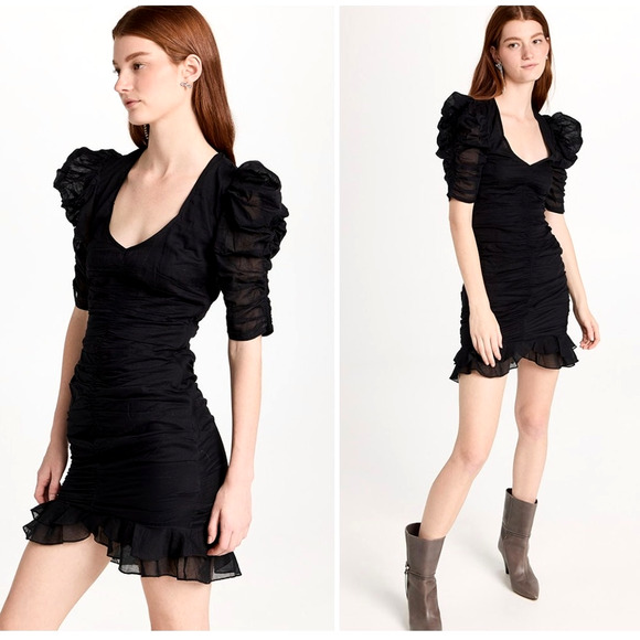 Isabel Marant Etolie 6 Puff-sleeve Mini Sireny Dress $590 Ruched Cotton Black 38 - Picture 16 of 16